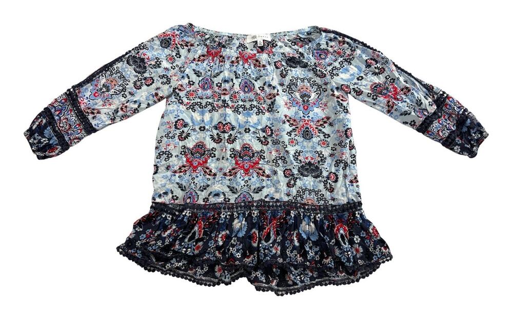 Fever Womens Small Boho Floral Peasant Blouse Rayon Ruffle Crochet Trim Top